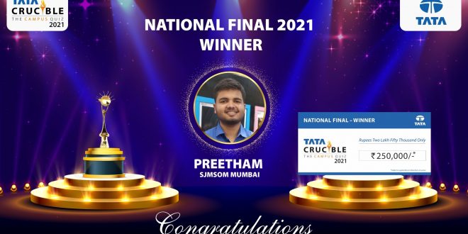 preetham-upadhya-from-shailesh-j-mehta-school-of-management-sjmsom-iit-bombay-lifts-the-coveted-national-trophy-at-the-first-ever-virtual-edition-of-the-tata-crucible-campus-quiz